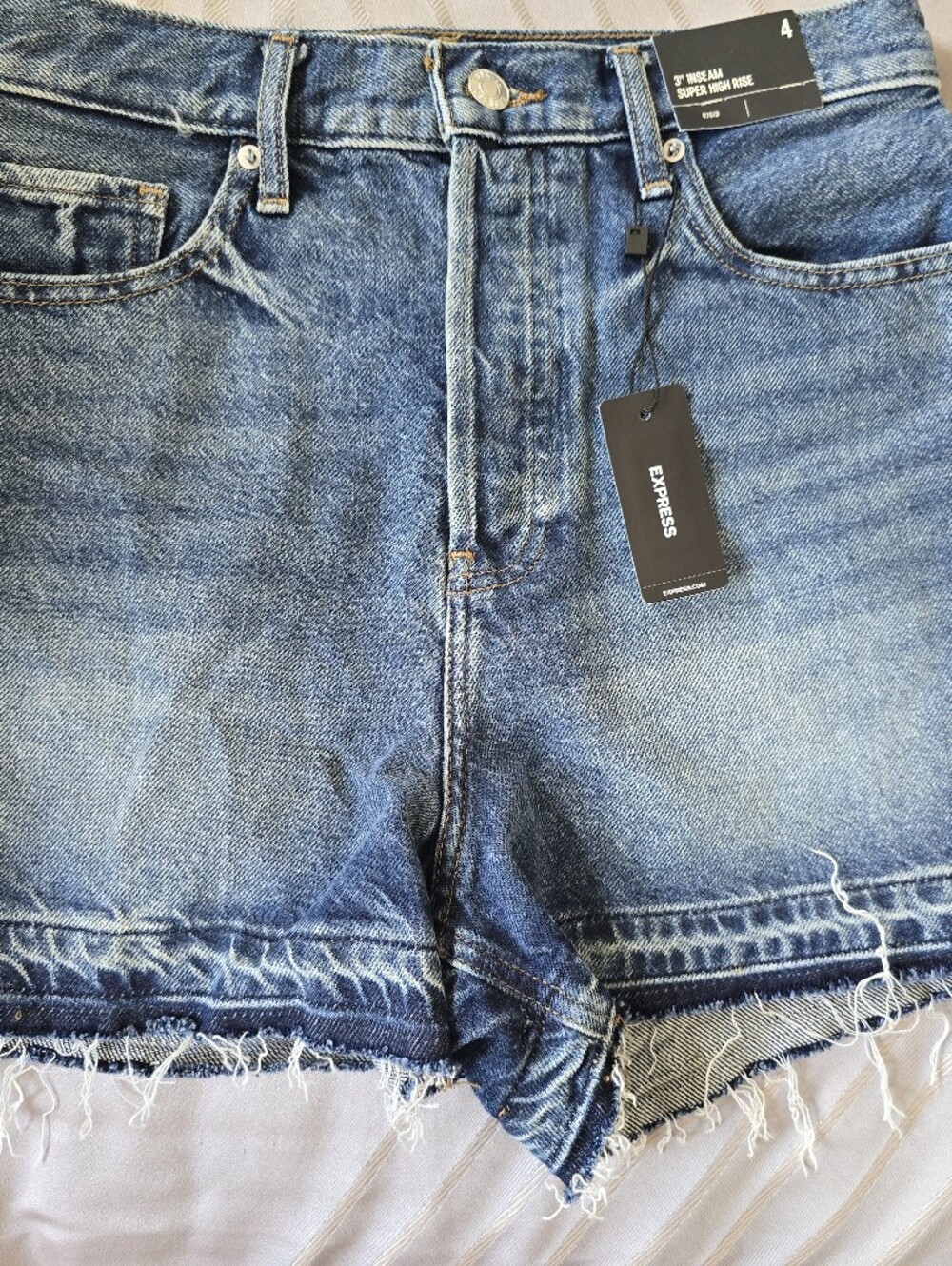 Express High-Rise Frayed Hem Denim Shorts - Blue